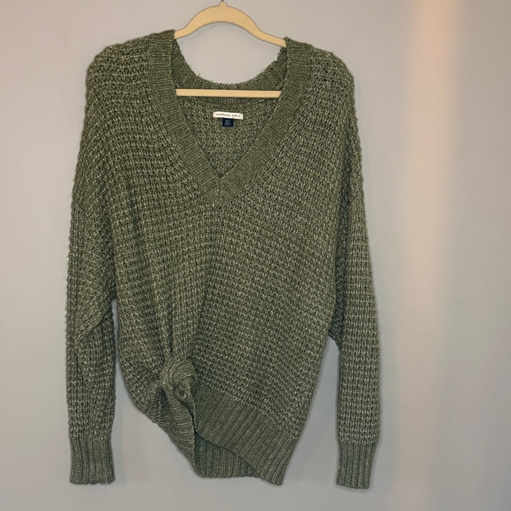 American Eagle Outfitters Olive V-Neck Knit Sweater